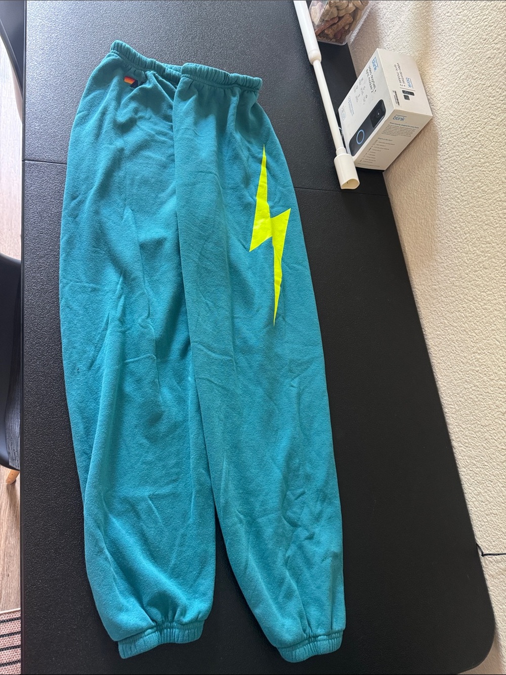 Aviator Nation XL Teal Sweatpants with Neon Yellow Bolt Design